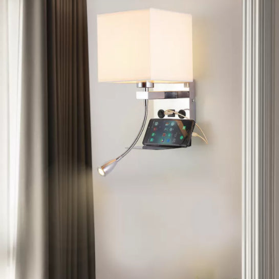 Square Fabric Shade Simplicity Wall Sconce Adjustable LED Spotlight Design Bedside Reading Lamp in Sliver