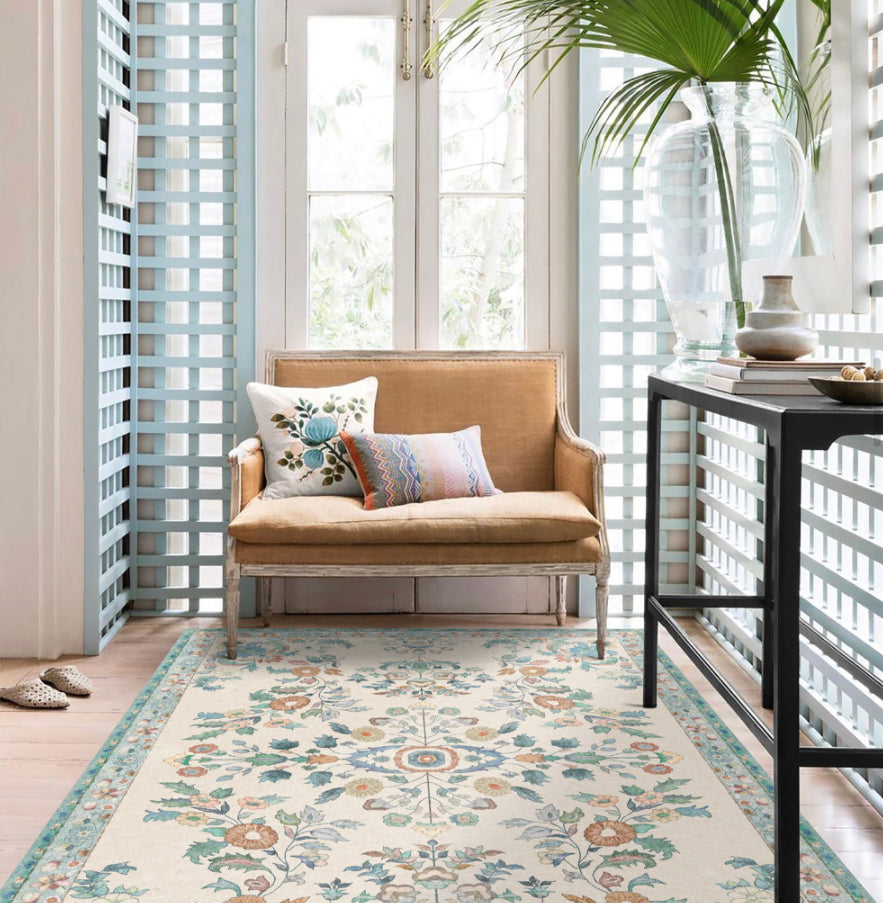 Einfache helle Farbe Absagter Teppich Polyester Ethnisches Blumenmuster Fläche Teppich nicht rutschfest