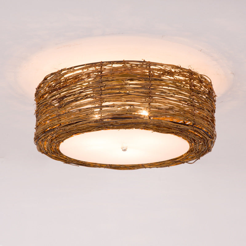 Rattan Rustic Flush Mount Ceiling Light Fixtures 1 Light Drum Flush Ceiling Light Fixture for Bedroom