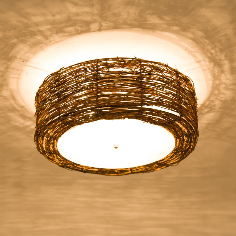 Rattan Rustic Flush Mount Ceiling Light Fixtures 1 Light Drum Flush Ceiling Light Fixture for Bedroom