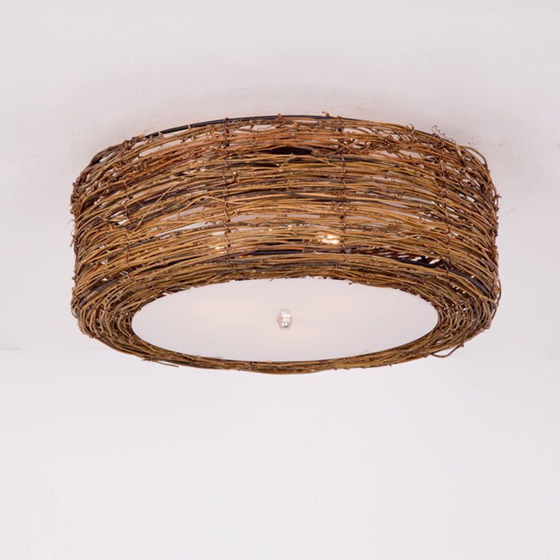 Rattan Rustic Flush Mount Ceiling Light Fixtures 1 Light Drum Flush Ceiling Light Fixture for Bedroom
