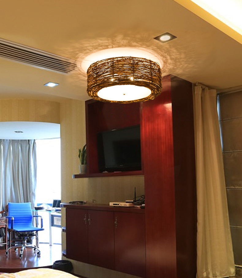 Rattan Rustic Flush Mount Ceiling Light Fixtures 1 Light Drum Flush Ceiling Light Fixture for Bedroom