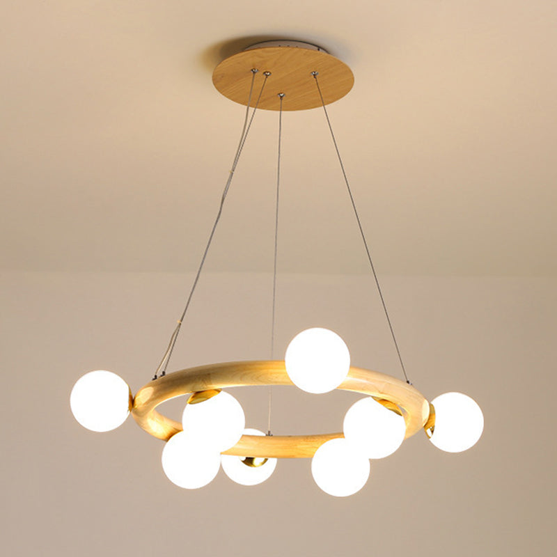 Moderno lampadario a legna a soffitto circolare creativo con tonalità di vetro bianco