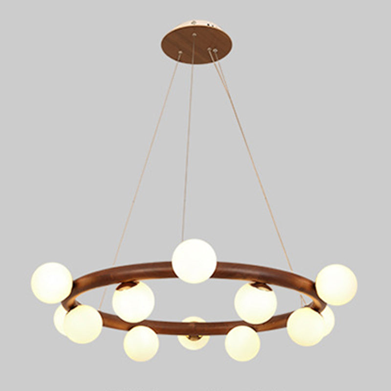 Moderno lampadario a legna a soffitto circolare creativo con tonalità di vetro bianco
