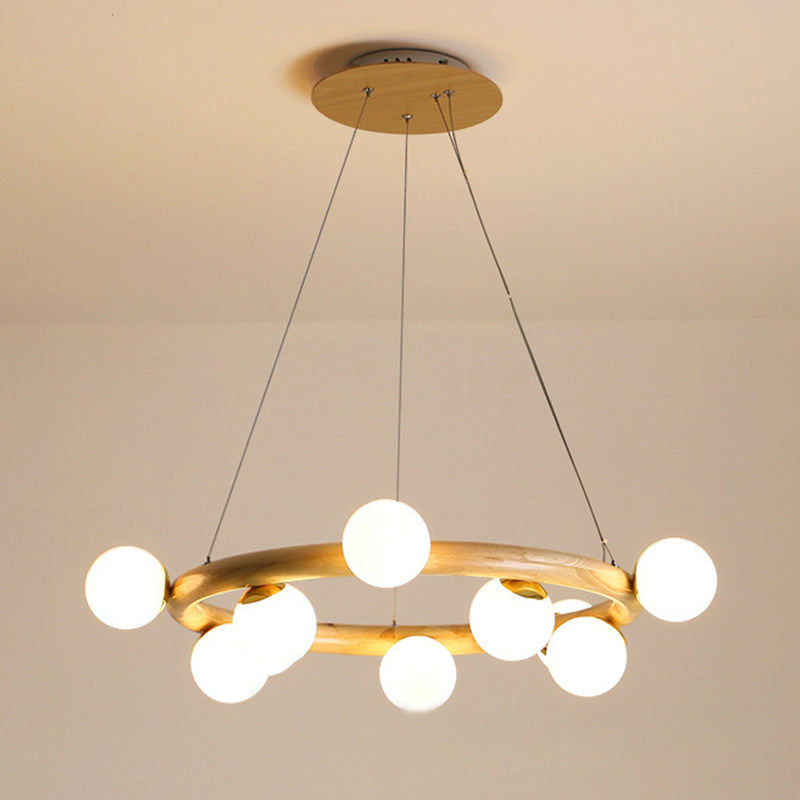 Moderno lampadario a legna a soffitto circolare creativo con tonalità di vetro bianco