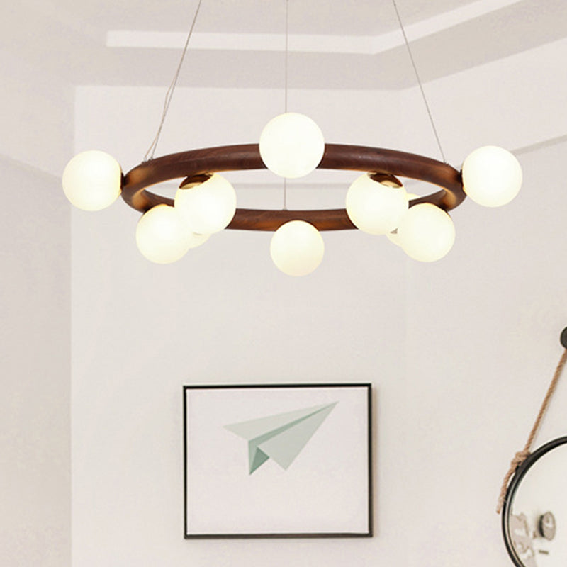 Moderno lampadario a legna a soffitto circolare creativo con tonalità di vetro bianco