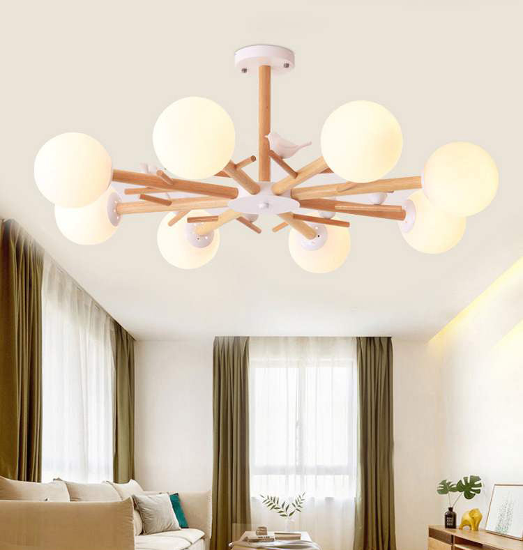 Luce a sospensione Sputnik Color Sputnik in moderna luce del soffitto in legno in stile creativo con tonalità di vetro opale