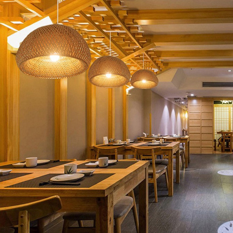 Asian Weaving Style Curved Drum Pendant Lighting Fixtures Rattan 1 Light Suspension Pendant