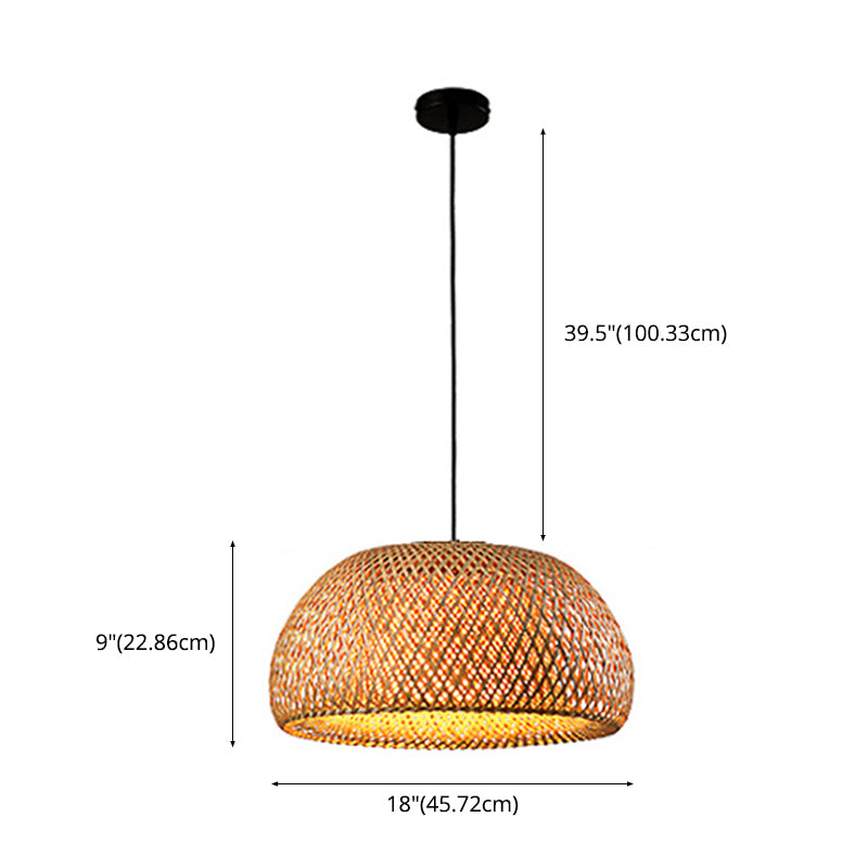 Asian Weaving Style Curved Drum Pendant Lighting Fixtures Rattan 1 Light Suspension Pendant