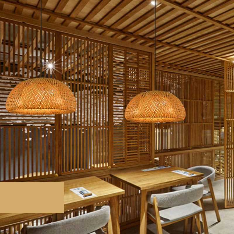 Asian Weaving Style Curved Drum Pendant Lighting Fixtures Rattan 1 Light Suspension Pendant