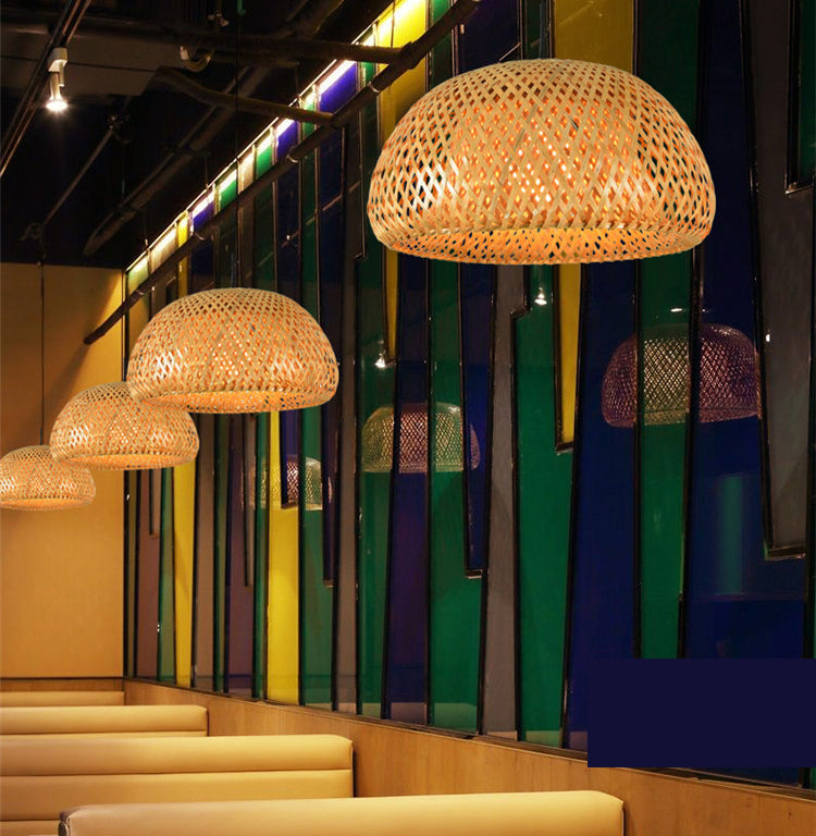 Asian Weaving Style Curved Drum Pendant Lighting Fixtures Rattan 1 Light Suspension Pendant