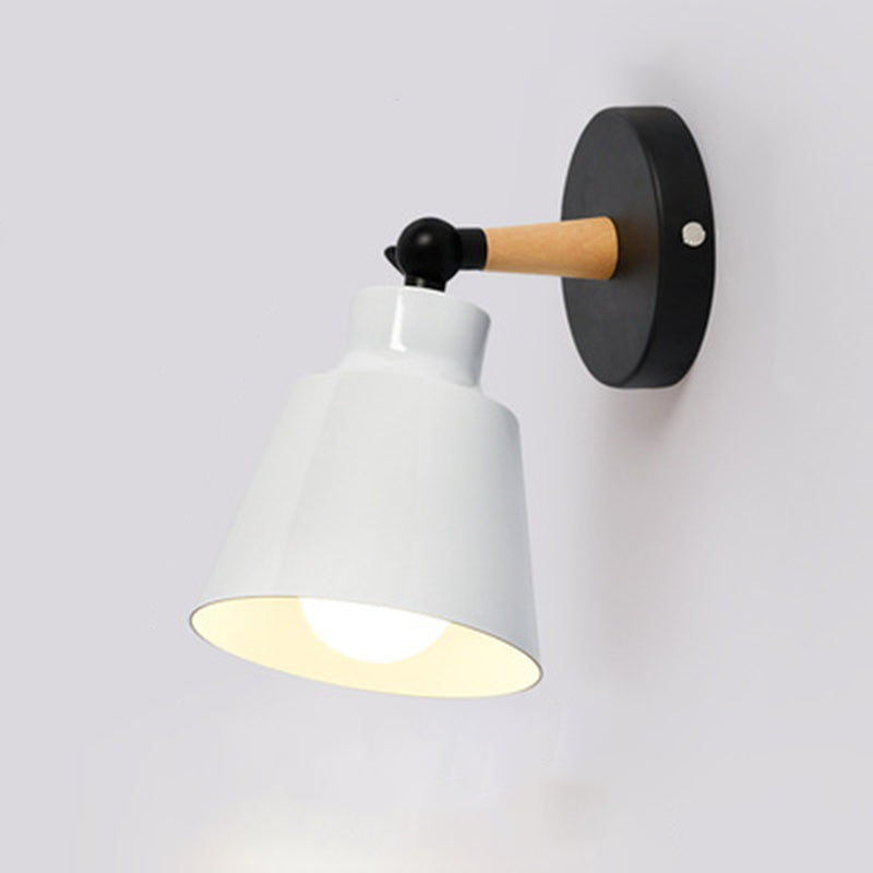 Nordic Macaroon Style Sconce Lights Conical Metal Shade Single Bulb Wooden Wall Mount Lamp for Bedroom