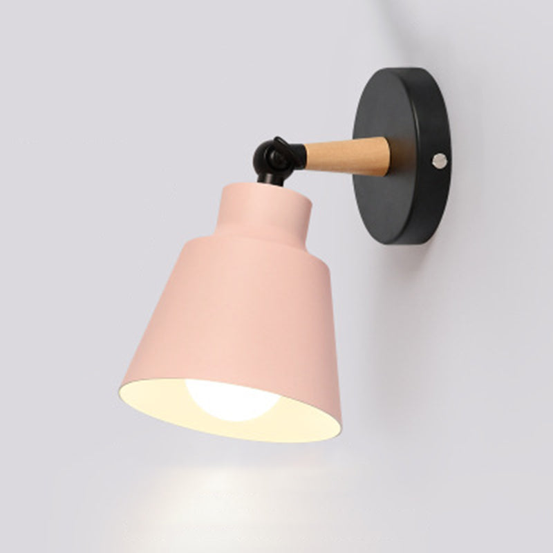 Nordic Macaroon Style Sconce Lights Conical Metal Shade Single Bulb Wooden Wall Mount Lamp for Bedroom