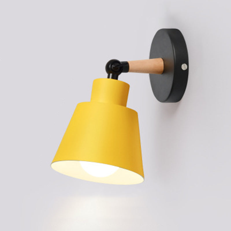 Nordic Macaroon Style Sconce Lights Conical Metal Shade Single Bulb Wooden Wall Mount Lamp for Bedroom