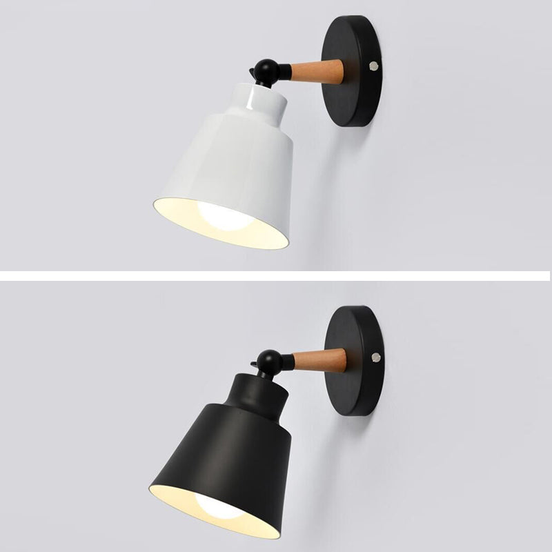 Nordic Macaroon Style Sconce Lights Conical Metal Shade Single Bulb Wooden Wall Mount Lamp for Bedroom