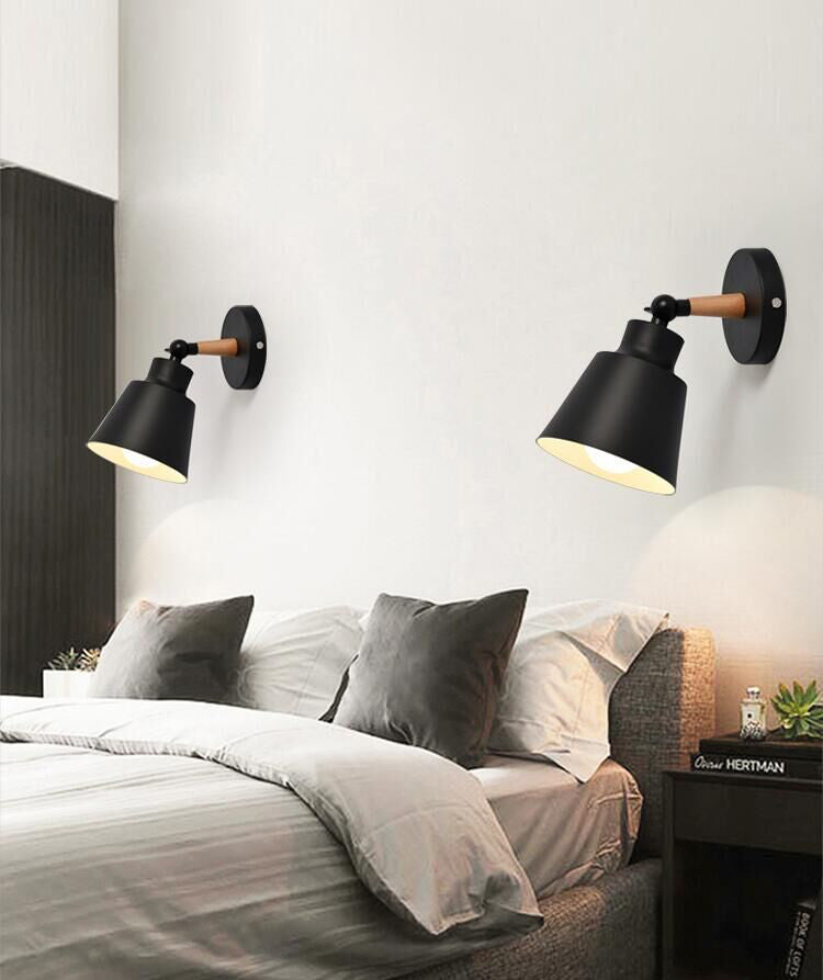 Nordic Macaroon Style Sconce Lights Conical Metal Shade Single Bulb Wooden Wall Mount Lamp for Bedroom