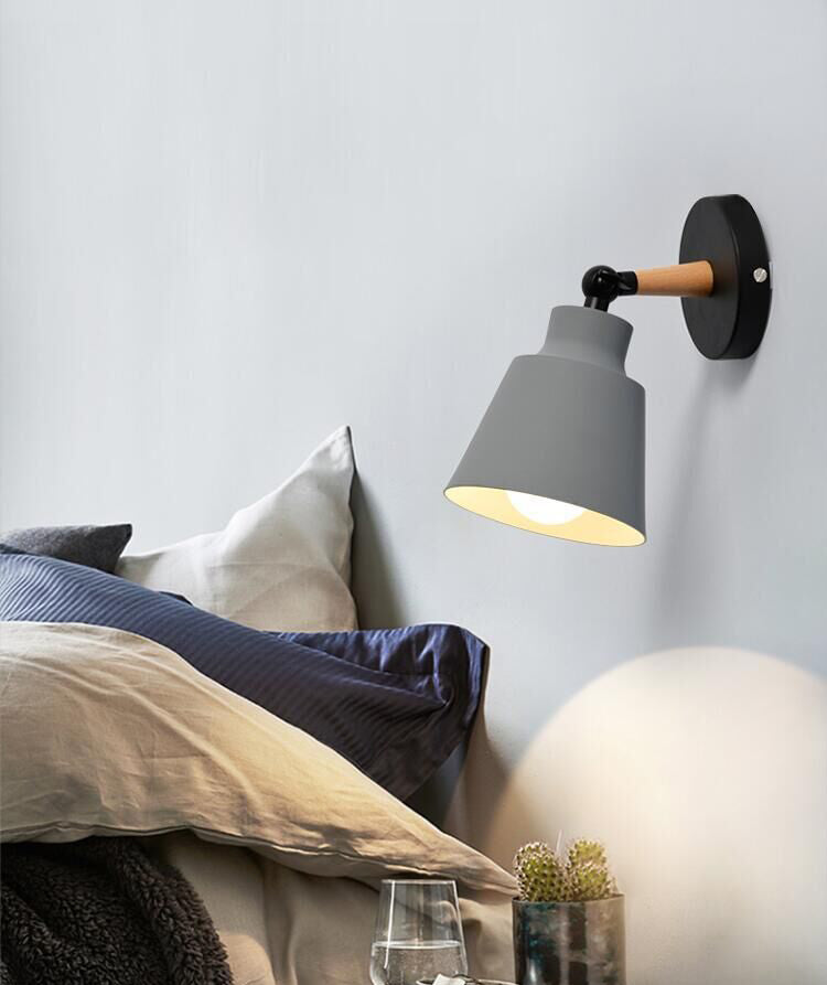 Nordic Macaroon Style Sconce Lights Conical Metal Shade Single Bulb Wooden Wall Mount Lamp for Bedroom