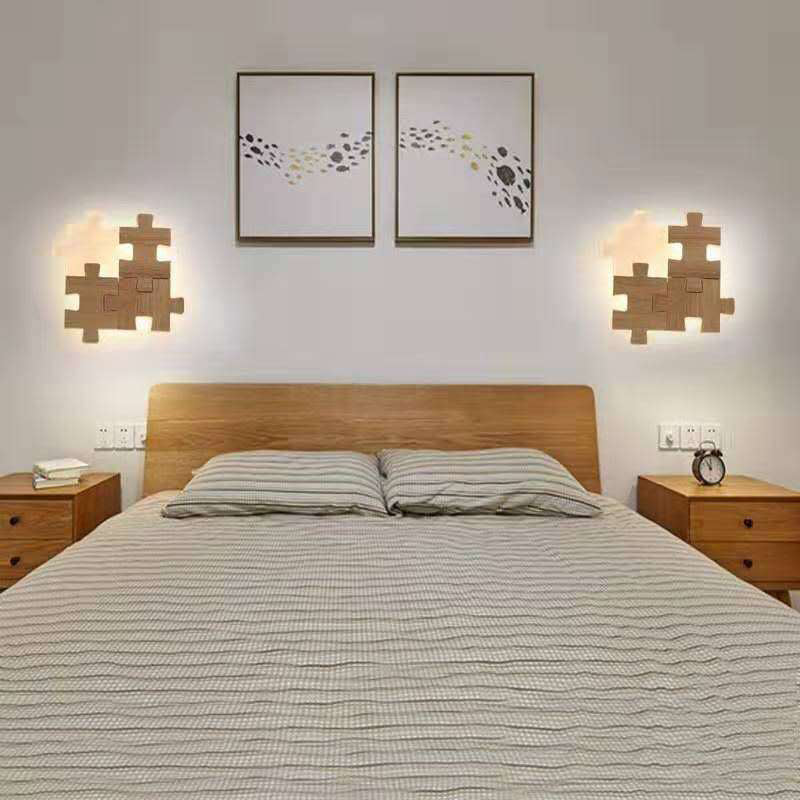 Creative Puzzles-shaped LED Wall Lamp Nordic Minimalism Rubber Wood Home Decorative Sconce Lights for Bedroom