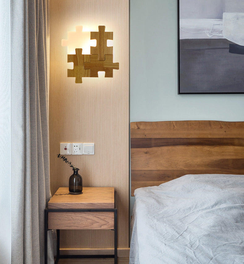 Creative Puzzles-shaped LED Wall Lamp Nordic Minimalism Rubber Wood Home Decorative Sconce Lights for Bedroom