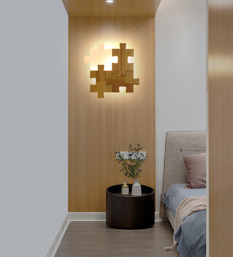 Creative Puzzles-shaped LED Wall Lamp Nordic Minimalism Rubber Wood Home Decorative Sconce Lights for Bedroom