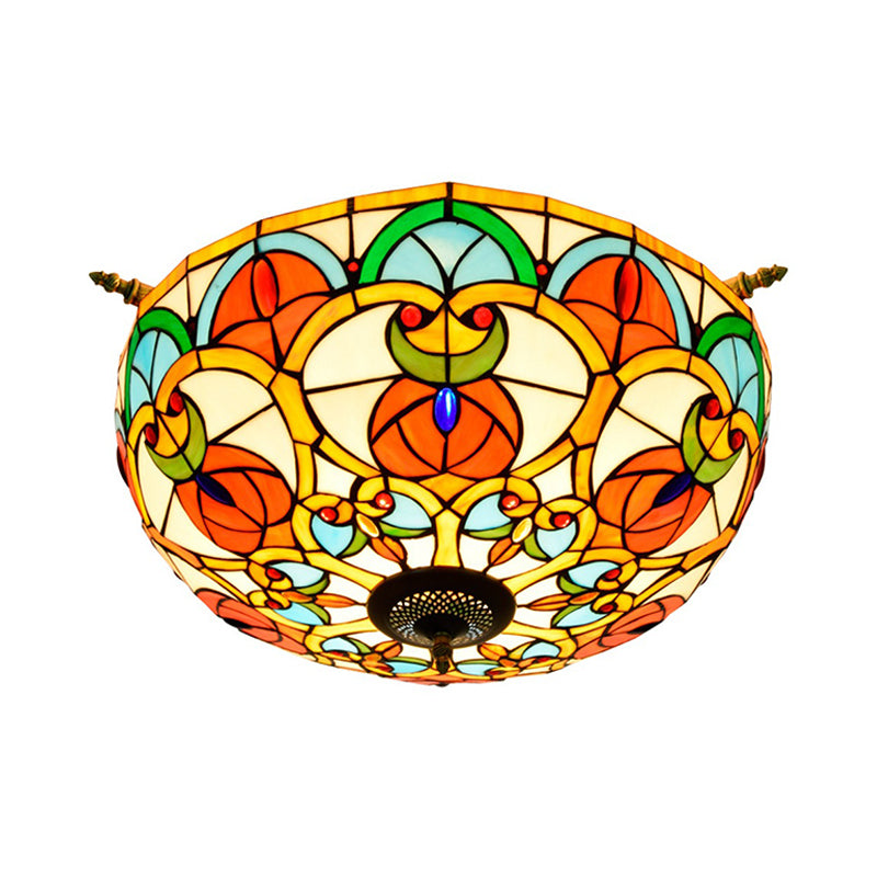 21.5"/25.5" W Brass Jewel Ceiling Lamp Baroque 5 Bulbs Multicolored Stained Glass Semi Flush Mount Lighting