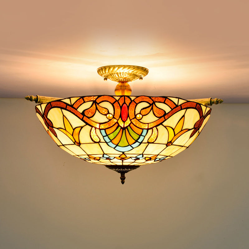 Baroque Dome Semi Flush Mount Lighting 5 Bulbs Handcrafted Stained Glass Close to Ceiling Lamp in White/Blue, 21.5"/25.5" W