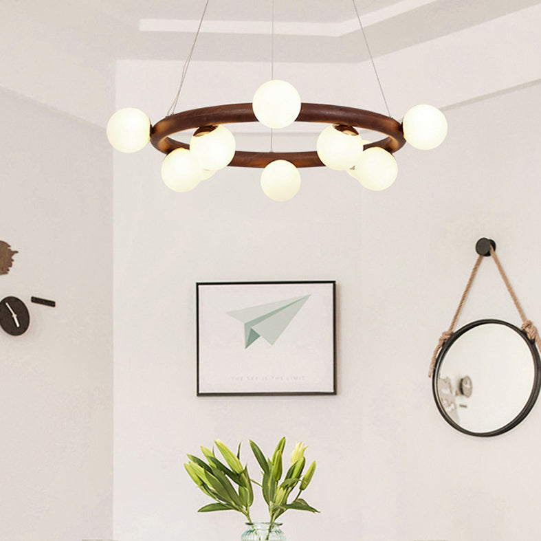 Moderno lampadario a legna a soffitto circolare creativo con tonalità di vetro bianco