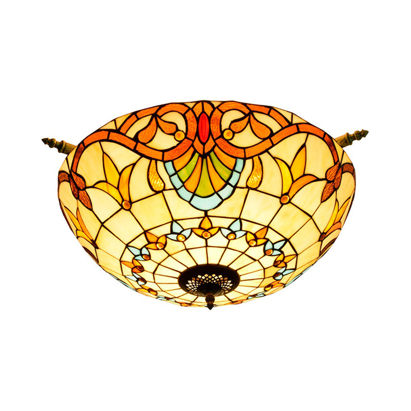 Baroque Dome Semi Flush Mount Lighting 5 Bulbs Handcrafted Stained Glass Close to Ceiling Lamp in White/Blue, 21.5"/25.5" W