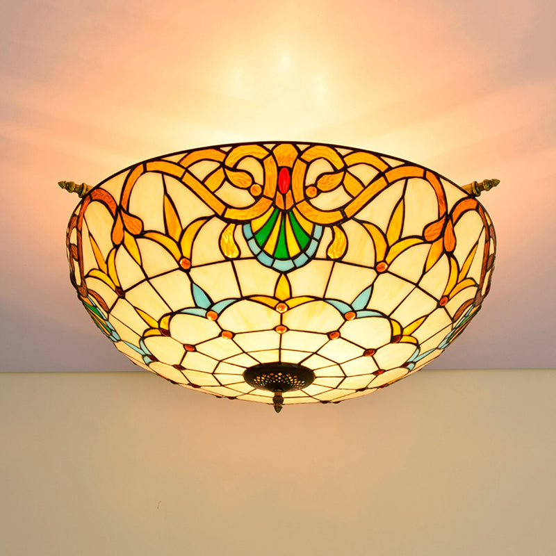Baroque Dome Semi Flush Mount Lighting 5 Bulbs Handcrafted Stained Glass Close to Ceiling Lamp in White/Blue, 21.5"/25.5" W