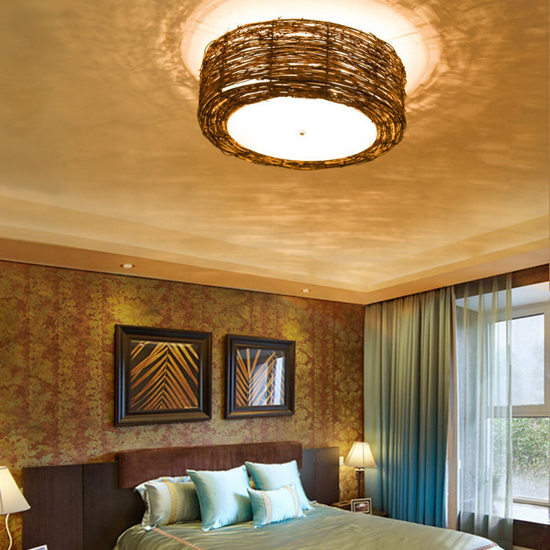 Rattan Rustic Flush Mount Ceiling Light Fixtures 1 Light Drum Flush Ceiling Light Fixture for Bedroom