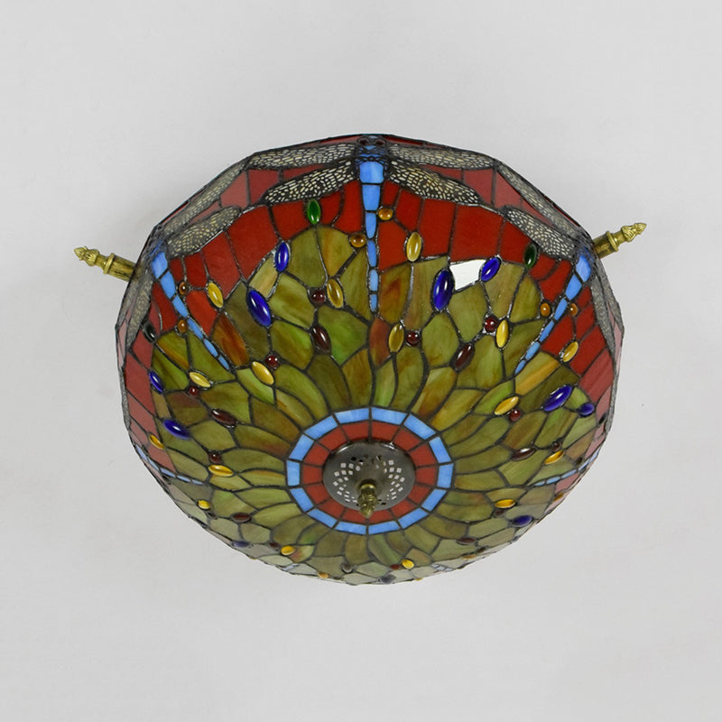 5 Lichter Dragonfly Deckenbeleuchtung Tiffany Messing Buntglas Halbflush Mount Light, 21,5 "/25,5" W.
