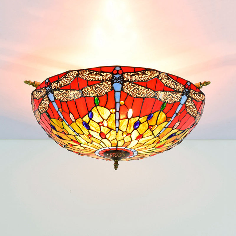 5 Lichter Dragonfly Deckenbeleuchtung Tiffany Messing Buntglas Halbflush Mount Light, 21,5 "/25,5" W.