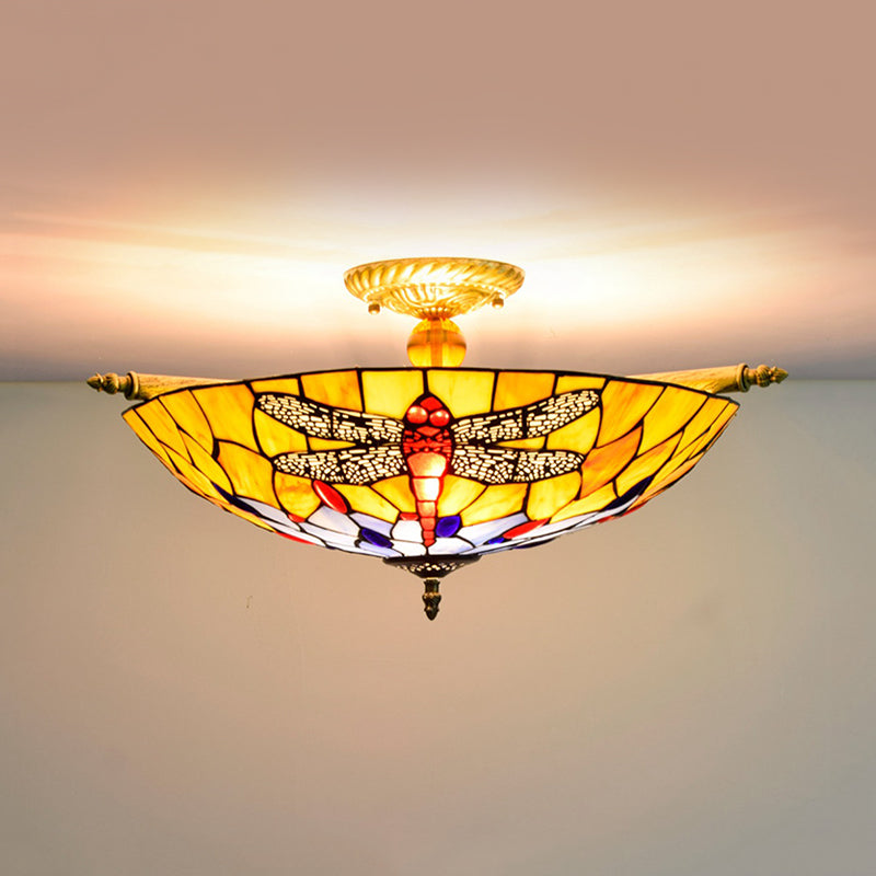 Buntglas Dragonfly Deckenleuchte Tiffany 5 Lichter Messing Halbflush -Leuchte für Schlafzimmer