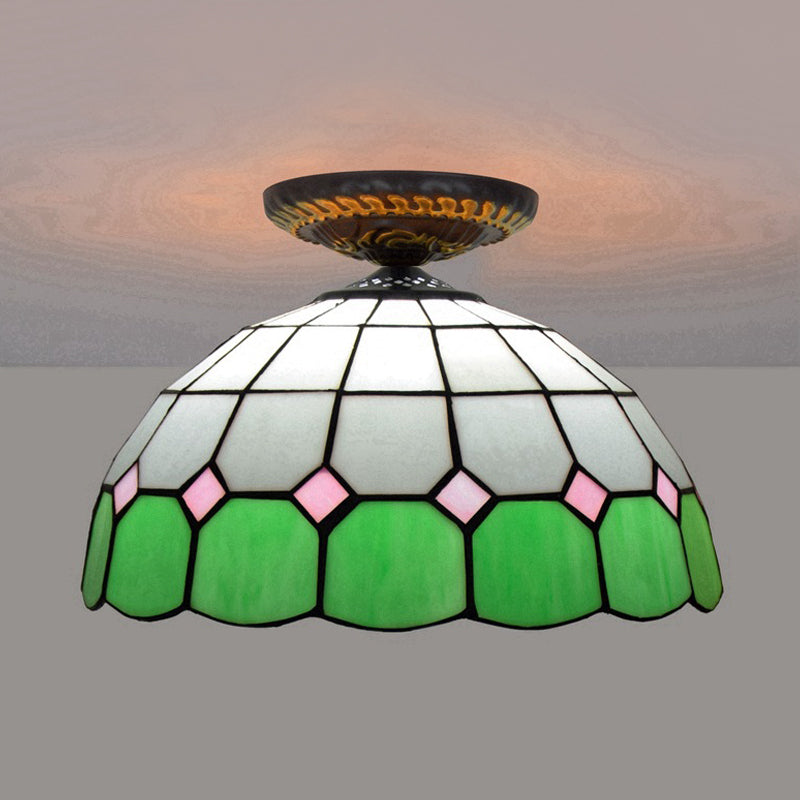 Tiffany Grid Patterned Flush Mount Light 1 Bulb Handcrafted Stained Glass LED Close to Ceiling Lamp in Blue/Orange/Green
