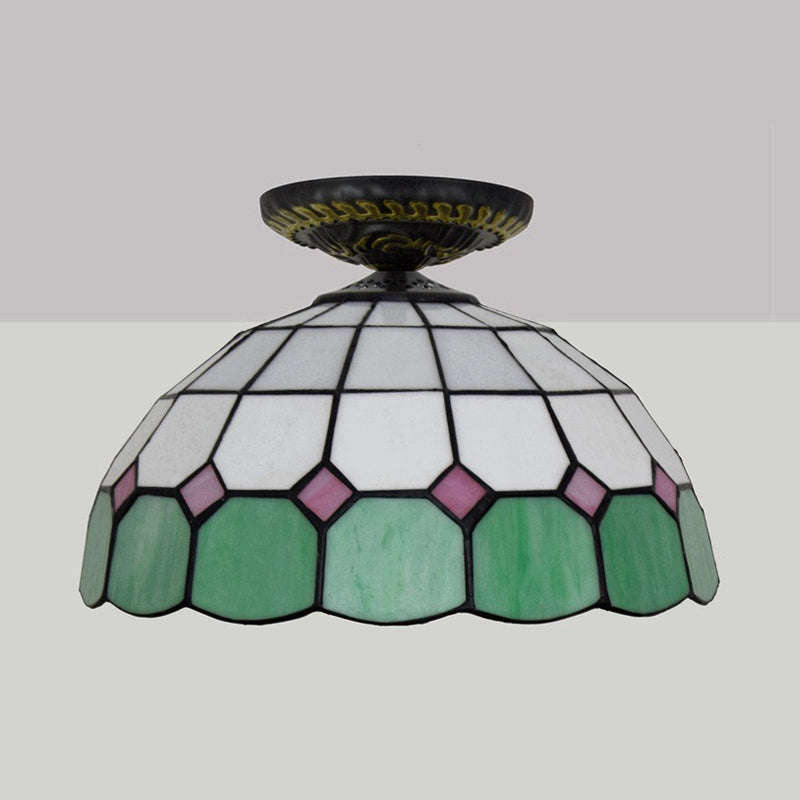 Tiffany Grid Patterned Flush Mount Light 1 Bulb Handcrafted Stained Glass LED Close to Ceiling Lamp in Blue/Orange/Green