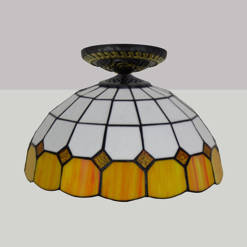 Tiffany Grid Patterned Flush Mount Light 1 Bulb Handcrafted Stained Glass LED Close to Ceiling Lamp in Blue/Orange/Green