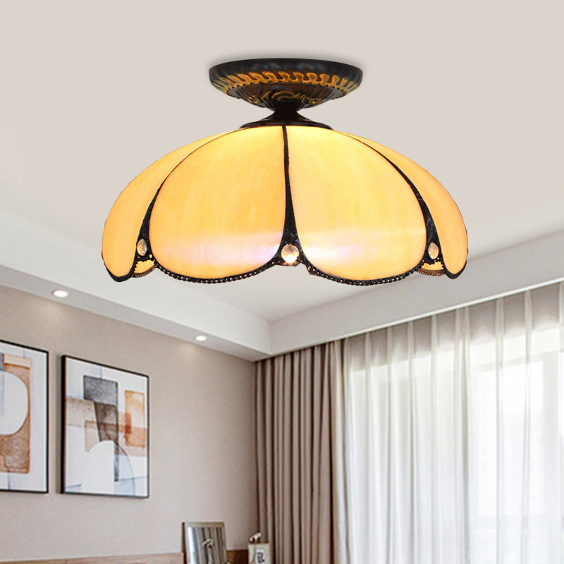 1 Light Scalloped Ceiling Lighting Tiffany White Metal Flush Mount Light Fixture for Bedroom