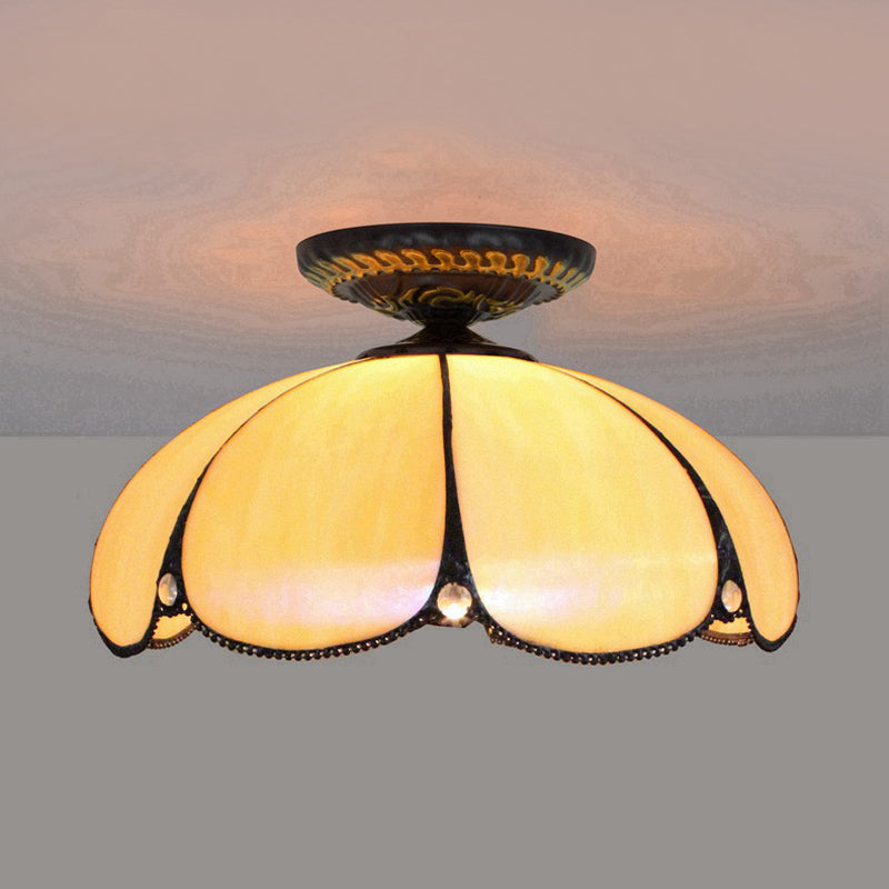 1 Light Scalloped Ceiling Lighting Tiffany White Metal Flush Mount Light Fixture for Bedroom