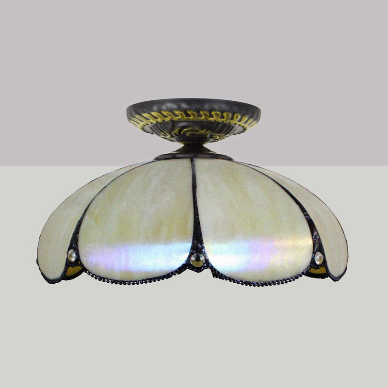 1 Light Scalloped Ceiling Lighting Tiffany White Metal Flush Mount Light Fixture for Bedroom