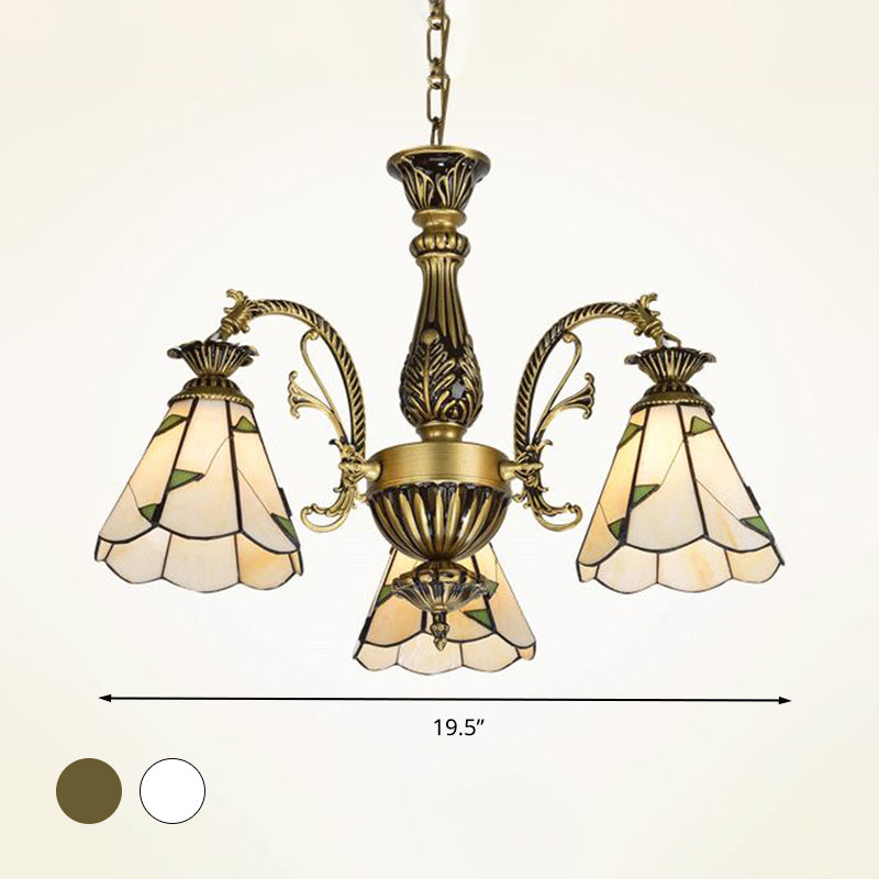 Luminaire de lustre conique en vitrail Méditerranée 3/5/11 Lumières Pendre de plafond en laiton blanc / antique