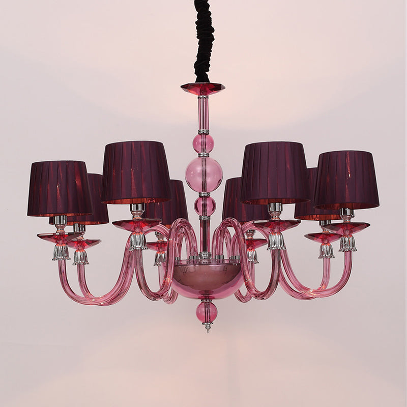 Lámpara de araña colgante tradicional Starburst 6/8/10 Bulbos Purple Glass Suspension Lámpara colgante con sombra de tela cónica
