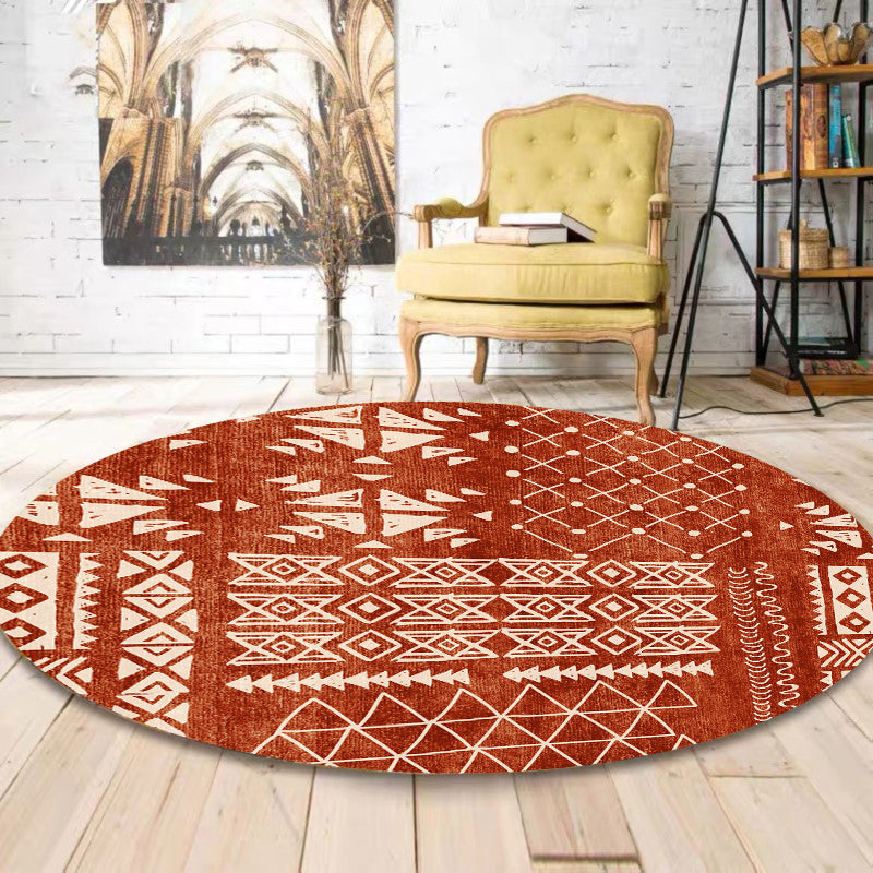 Round Red Tone Traditional Carpet Polyester Tribal Pattern Indoor Rug Stain Resistant Rug for Home Decor