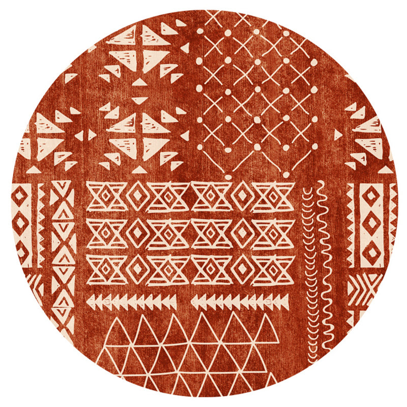 Round Red Tone Traditional Carpet Polyester Tribal Pattern Indoor Rug Stain Resistant Rug for Home Decor