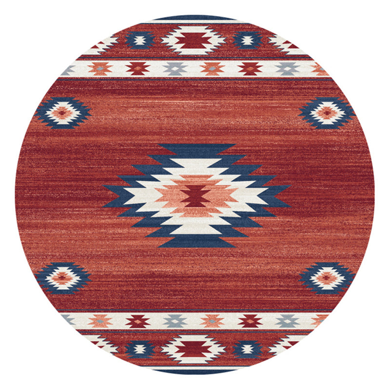 Round Red Tone Traditional Carpet Polyester Tribal Pattern Indoor Rug Stain Resistant Rug for Home Decor