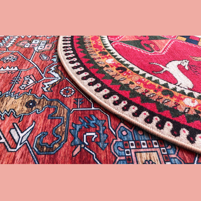 Round Red Tone Traditional Carpet Polyester Tribal Pattern Indoor Rug Stain Resistant Rug for Home Decor