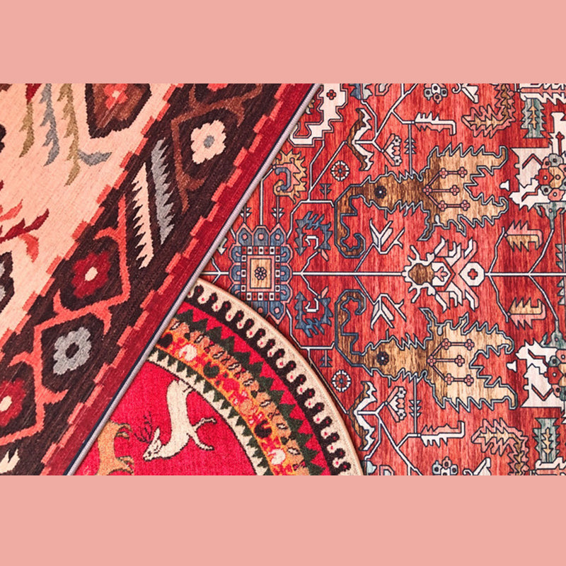 Round Red Tone Traditional Carpet Polyester Tribal Pattern Indoor Rug Stain Resistant Rug for Home Decor