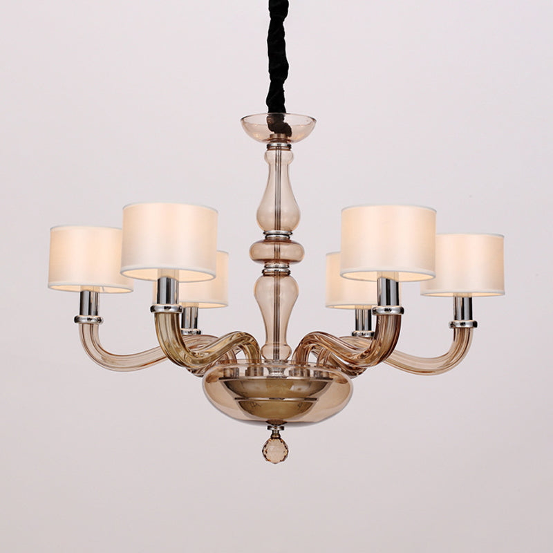 Traditionary Spuntik Chandelier Light 6/8/12 Heads Amber Glass Pendant Lamp Fixture with White Fabric Drum Shade