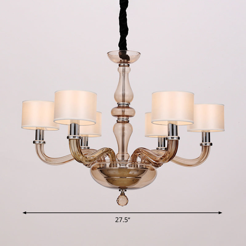 Traditionary Spuntik Chandelier Light 6/8/12 Heads Amber Glass Pendant Lamp Fixture with White Fabric Drum Shade