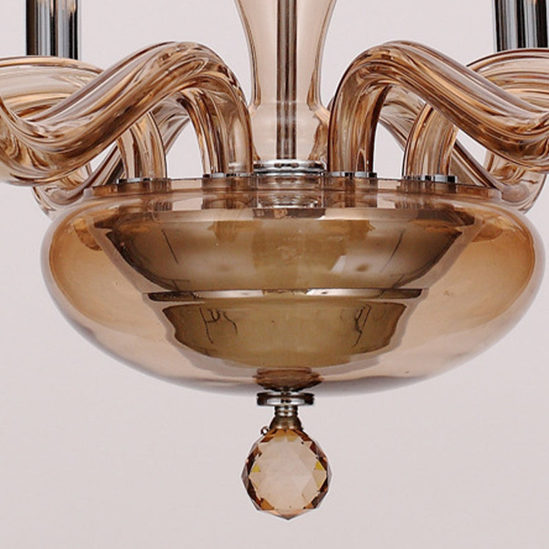Traditionary Spuntik Chandelier Light 6/8/12 Heads Amber Glass Pendant Lamp Fixture with White Fabric Drum Shade