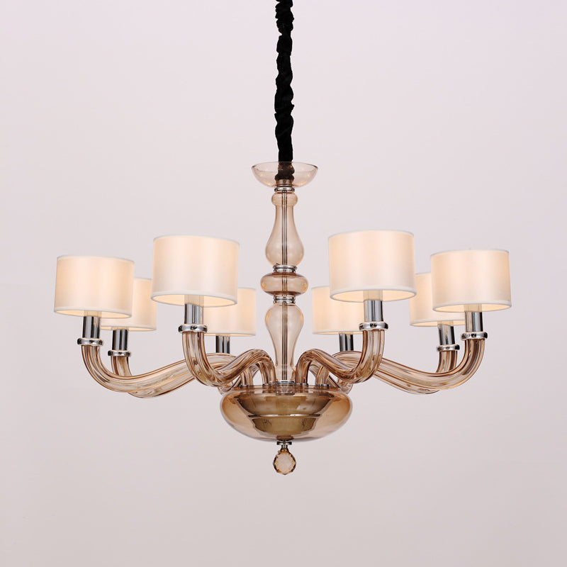 Traditionary Spuntik Chandelier Light 6/8/12 Heads Amber Glass Pendant Lamp Fixture with White Fabric Drum Shade